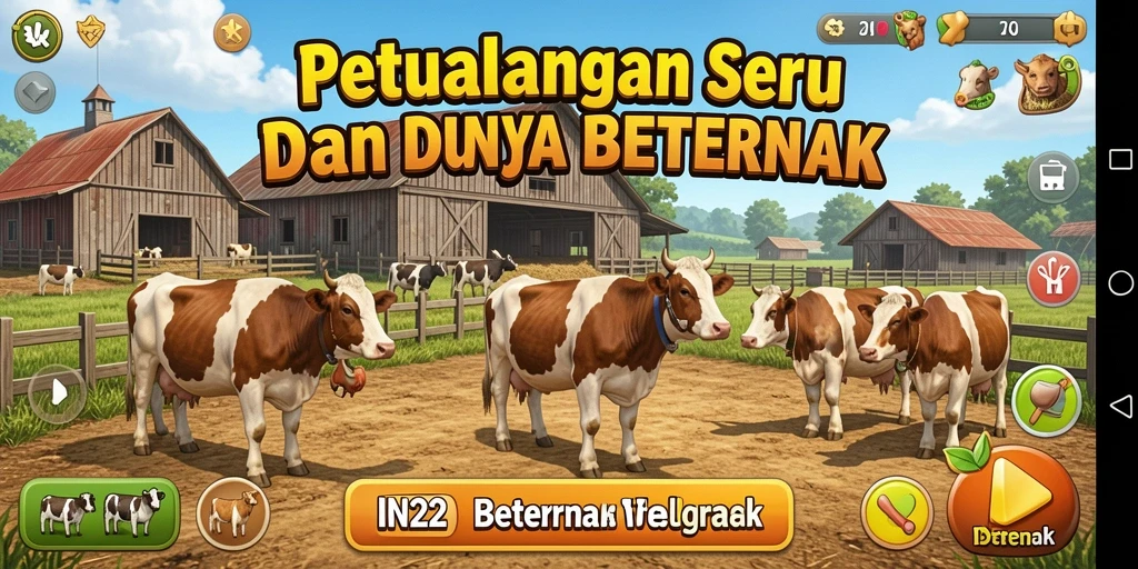Screenshot IN22 menunjukkan peternakan yang indah dan beragam hewan.