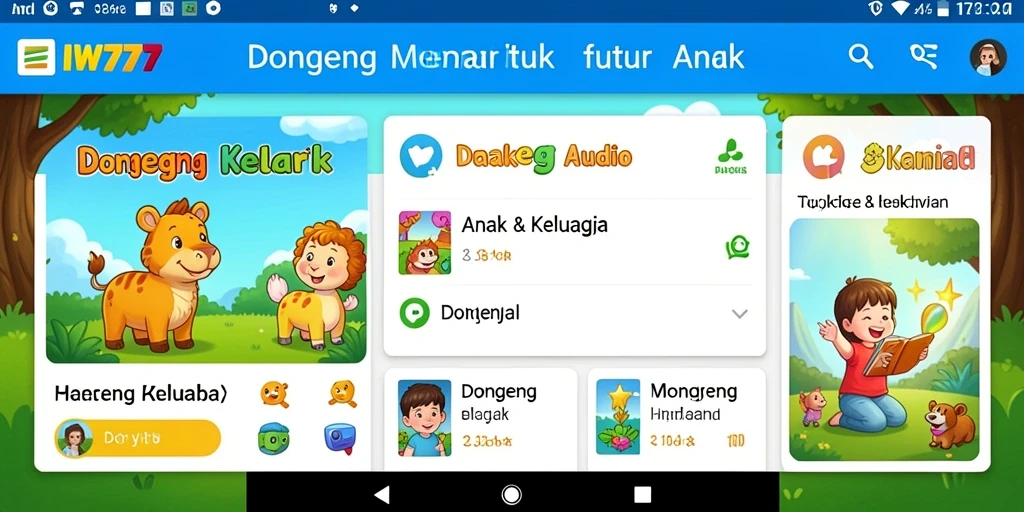 Antarmuka IW777 menampilkan berbagai kategori dongeng audio yang mudah diakses.