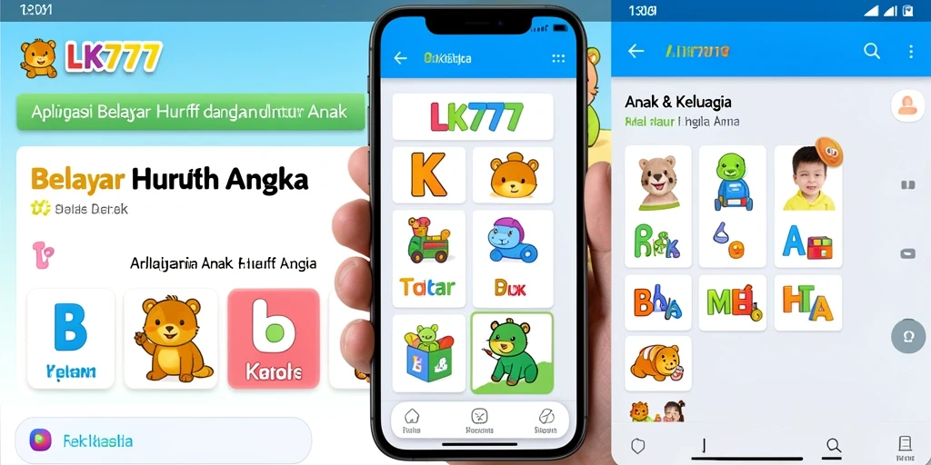 Tampilan antarmuka LK777 yang ceria dan interaktif untuk belajar huruf dan angka.