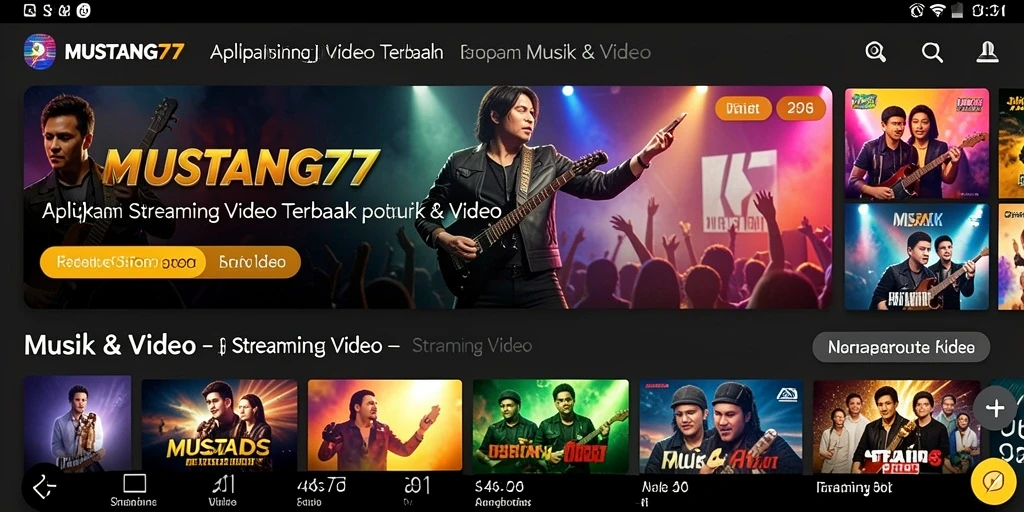 Tampilan antarmuka MUSTANG77 saat streaming video dengan opsi pencarian.