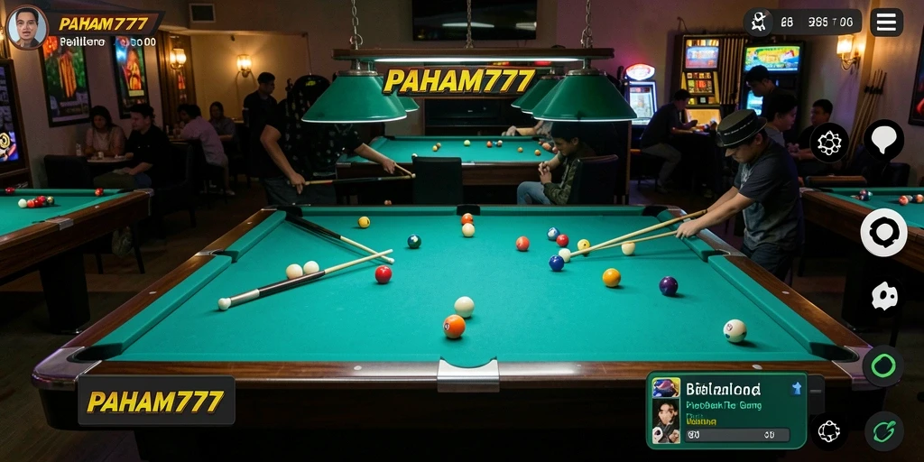 Tampilan antarmuka menarik dari PAHAM777 saat bermain billiard.